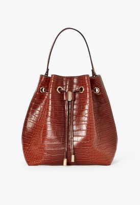 L. Drawstring Bucket Bag - Cognac Croc